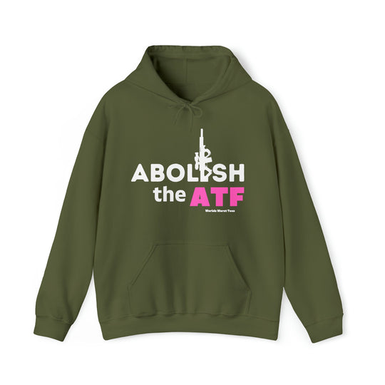 Unisex heavy blend hooded sweatshirt featuring Abolish the ATF design. Thick cotton-polyester fabric, kangaroo pocket, drawstring hood. Classic fit, tear-away label, medium-heavy fabric. Ideal for warmth and comfort.