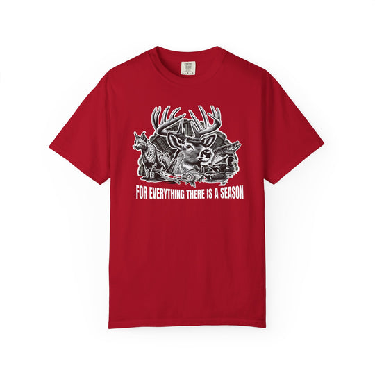 For Everything There is a Season Tee featuring a wildlife montage with a deer, fox, fish, ducks, and crossed arrows; a durable, soft-washed Comfort Colors shirt.