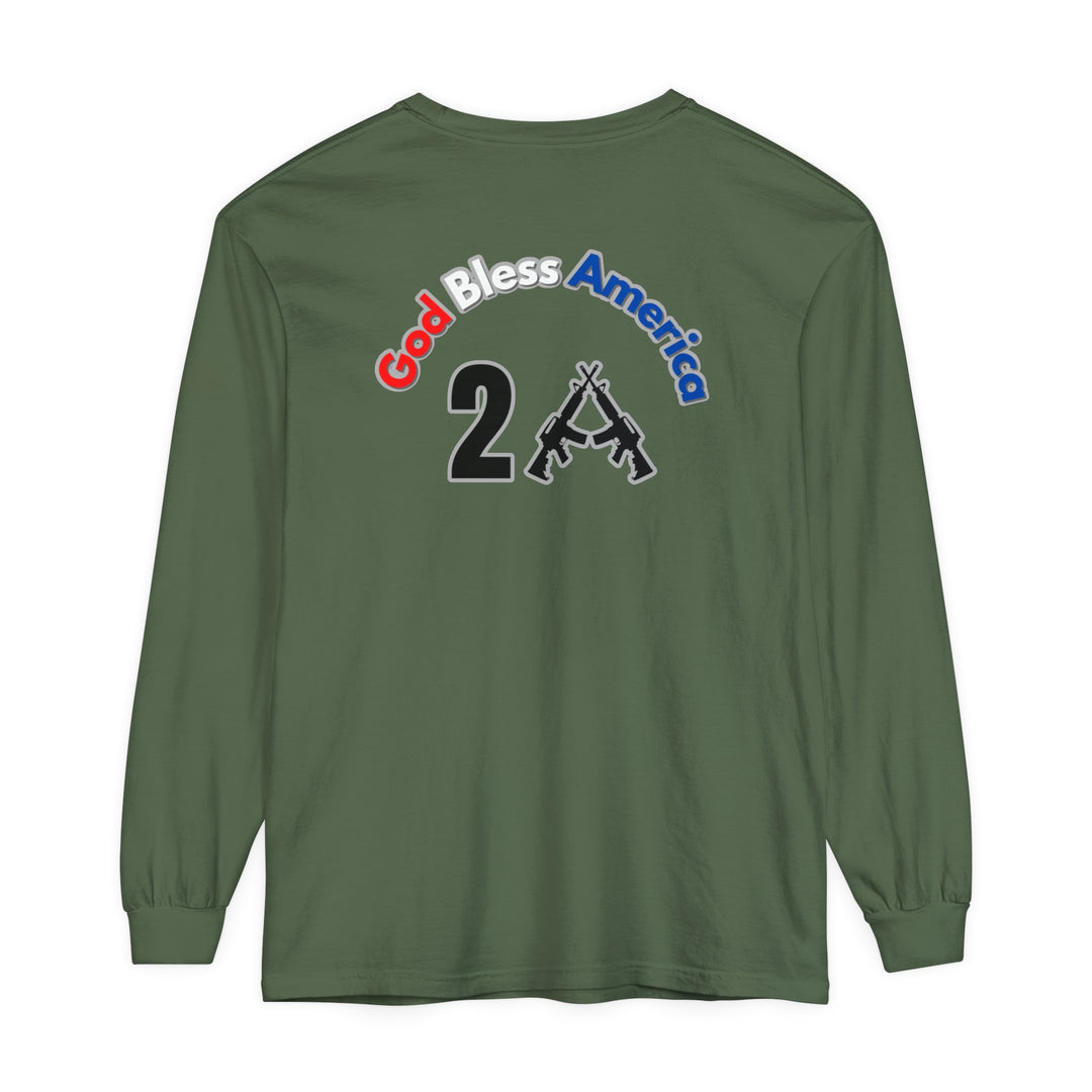 A green long-sleeve tee with a patriotic God Bless America 2A logo. Made of 100% ring-spun cotton for softness and style. Classic fit for comfort in any casual setting.