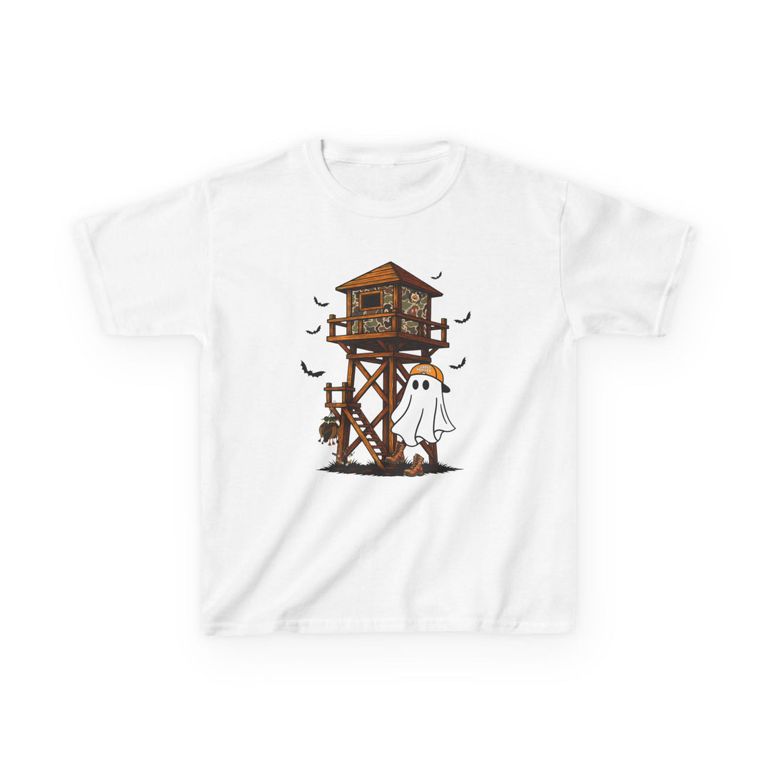 Ghost Hunter Kids Tee features a cartoon ghost in camo cap beside a camouflaged hunting blind, with details like bats and a deer skull.