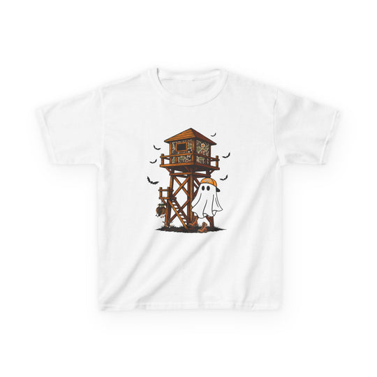 Ghost Hunter Kids Tee features a cartoon ghost in camo cap beside a camouflaged hunting blind, with details like bats and a deer skull.