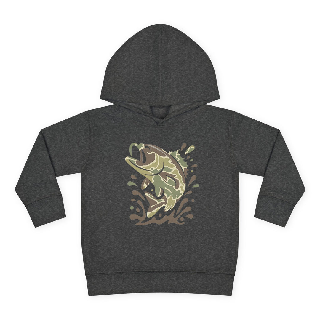 Camo Fish Toddler Hoodie features a dark charcoal-gray design with a leaping fish graphic in muted camo tones, ideal for comfort and durability.