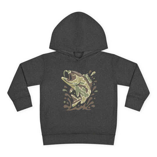 Camo Fish Toddler Hoodie features a dark charcoal-gray design with a leaping fish graphic in muted camo tones, ideal for comfort and durability.
