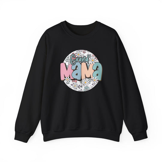 A black crewneck sweatshirt featuring a white circle with colorful text and floral elements. Unisex Sassy Grand Mama Flower Crew made of 50% cotton, 50% polyester blend, ribbed knit collar, and a loose fit.