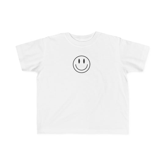 A toddler tee featuring a smiley face print. Soft and gentle on sensitive skin, made of 100% combed ringspun cotton. Ideal for little adventurers. Dimensions: Width - 12.00-15.00 in, Length - 15.50-18.50 in, Sleeve length - 4.75-5.50 in.