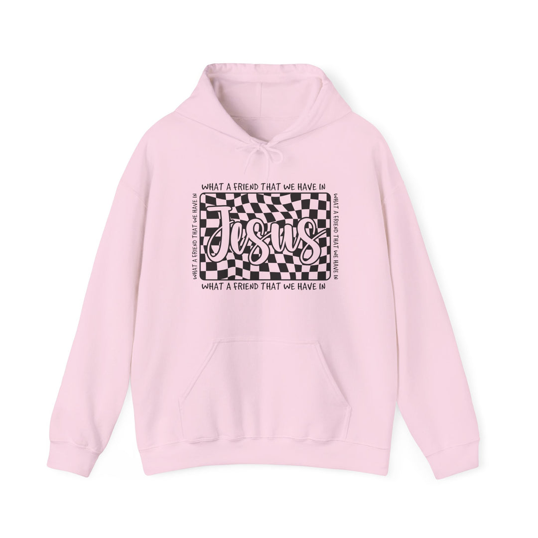 Light pink hoodie featuring a wavy checkerboard graphic with Jesus and hymn-inspired text, offering a cozy, stylish fit with a kangaroo pocket and matching drawstring.