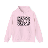 Light pink hoodie featuring a wavy checkerboard graphic with Jesus and hymn-inspired text, offering a cozy, stylish fit with a kangaroo pocket and matching drawstring.