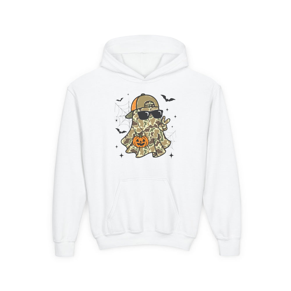Candy Ghost Youth Hoodie featuring a cartoon ghost in camo with a cap, sunglasses, and a candy bucket, surrounded by bats and sparkles. Ultra-soft fleece with kangaroo pocket.