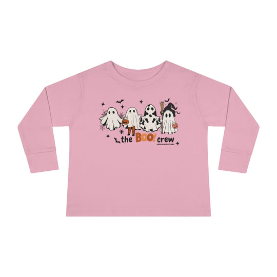 Boo Crew Toddler Long Sleeve Tee featuring pink shirt with ghosts and bats, ghosts in clothing, and a ghost holding a broom and pumpkin. Made of 100% combed ringspun cotton, with topstitched ribbed collar for durability and comfort.