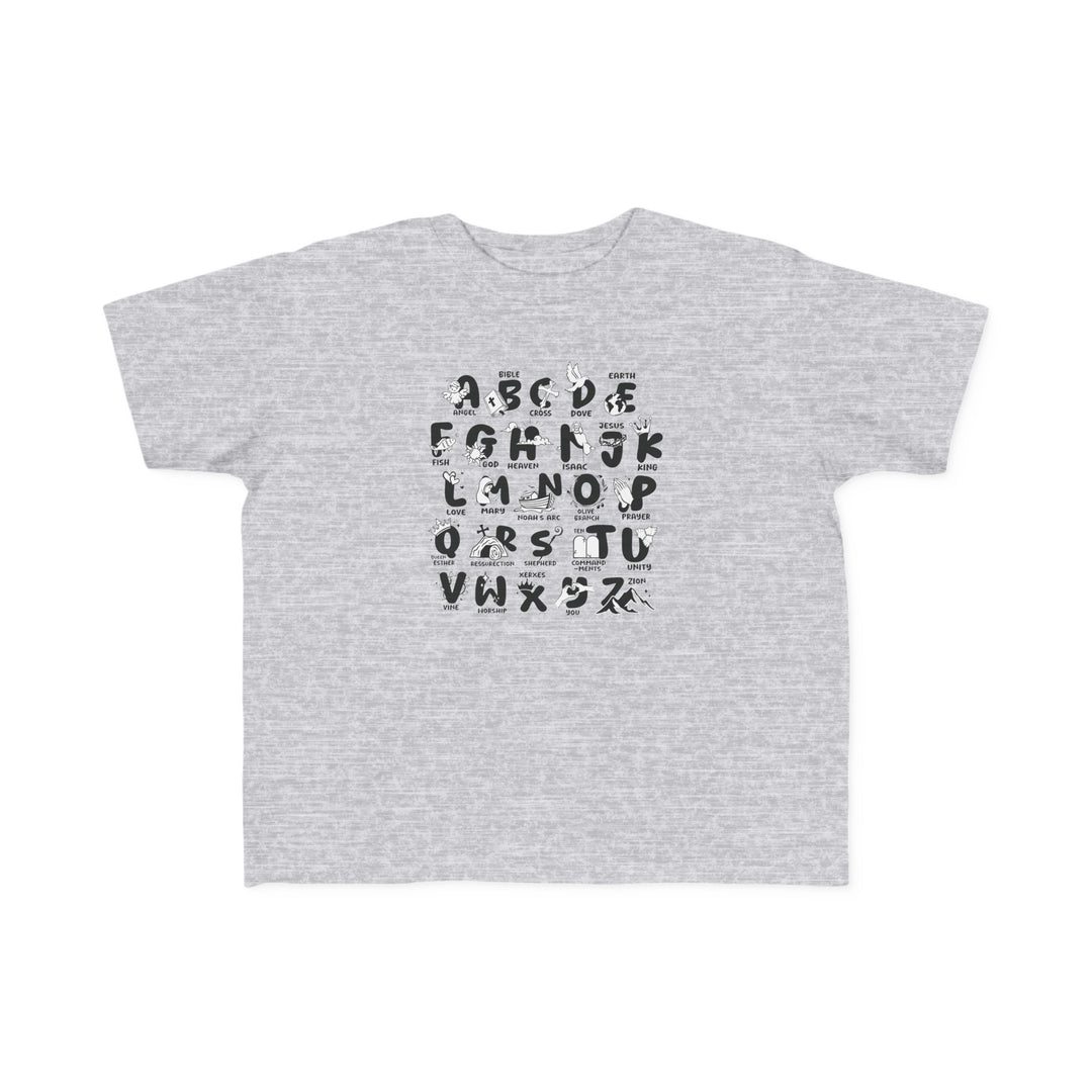 Bible Alphabet Toddler Tee: A grey t-shirt featuring black and white letters, ideal for sensitive skin. Made of 100% combed ringspun cotton, light fabric, classic fit, tear-away label, and true-to-size.