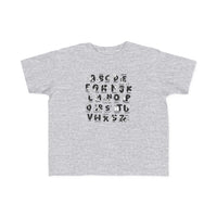 Bible Alphabet Toddler Tee: A grey t-shirt featuring black and white letters, ideal for sensitive skin. Made of 100% combed ringspun cotton, light fabric, classic fit, tear-away label, and true-to-size.