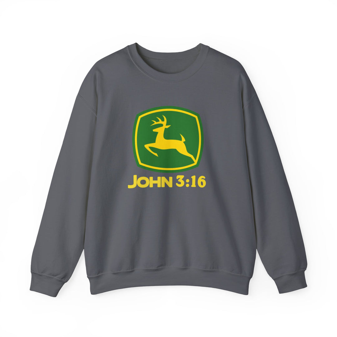 Gray crewneck sweatshirt with a John Deere parody logo featuring a deer silhouette and JOHN 3:16, blending humor and style in a cozy, ethically-made garment.