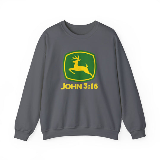 Gray crewneck sweatshirt with a John Deere parody logo featuring a deer silhouette and JOHN 3:16, blending humor and style in a cozy, ethically-made garment.