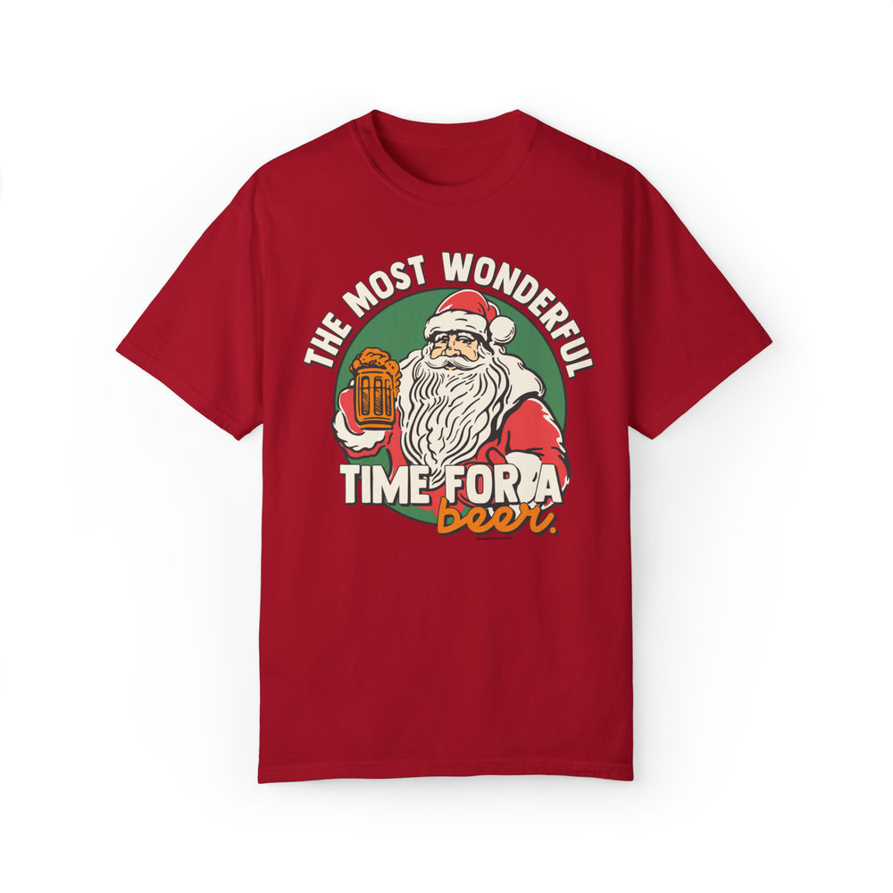 Unisex red shirt featuring Santa Claus holding a beer, perfect for the holidays. Made of 80% ring-spun cotton and 20% polyester, with a relaxed fit and rolled-forward shoulder. From Worlds Worst Tees.