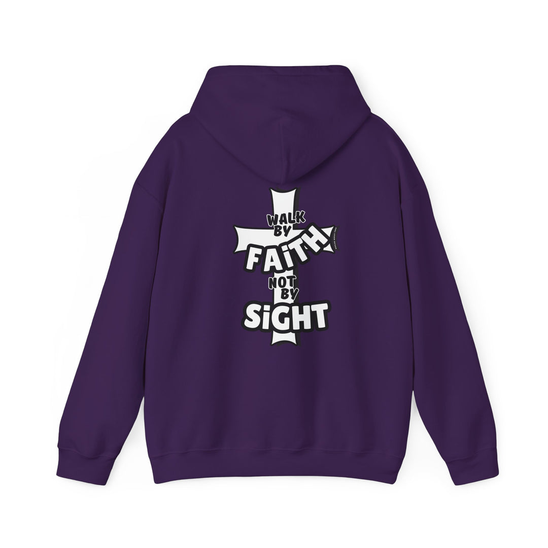A purple hoodie with white text, featuring a cross design and a spacious kangaroo pocket. Unisex heavy blend for plush comfort, made of 50% cotton and 50% polyester. Walk By Faith Not By Sight Crew.