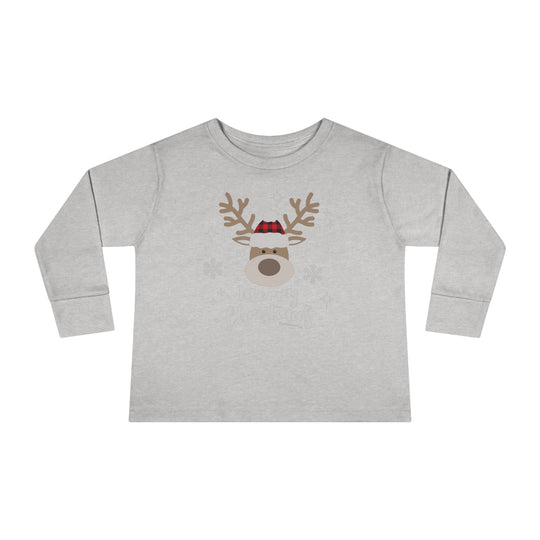 A grey toddler long-sleeve tee featuring a deer head design, perfect for the holidays. Made of 100% combed ringspun cotton, with ribbed collar and EasyTear™ label for comfort and durability.