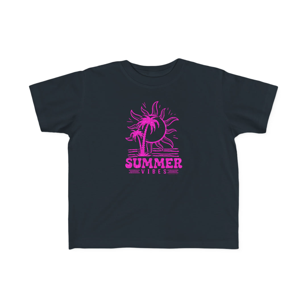 Summer Vibes Toddler Tee featuring a black shirt with pink sun and palm trees. Soft 100% combed ringspun cotton, light fabric, tear-away label, classic fit. Ideal for toddlers' sensitive skin and first adventures.