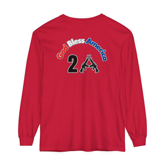 A God Bless America 2A long sleeve tee in red with a logo and text, made of 100% ring-spun cotton for softness and style. Classic fit, garment-dyed fabric, and relaxed for total comfort.