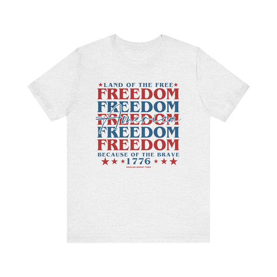A classic American Freedom Tee in white, featuring red and blue text. Unisex jersey tee with ribbed knit collar, quality print, and 100% cotton fabric. Retail fit, true to size.