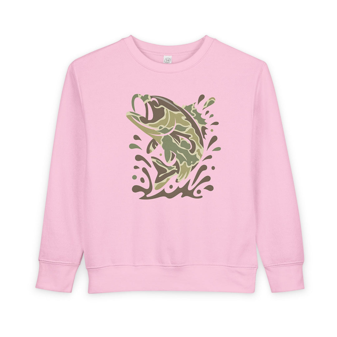 Light pink toddler sweatshirt with a camo-style graphic of a bass leaping from water, emphasizing comfort and durability in a cotton-polyester blend.