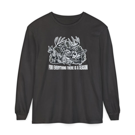 For Everything There is a Season Long Sleeve Tee featuring a woodcut-style illustration of wildlife and slogan, made from 100% ring-spun cotton for comfort and style.