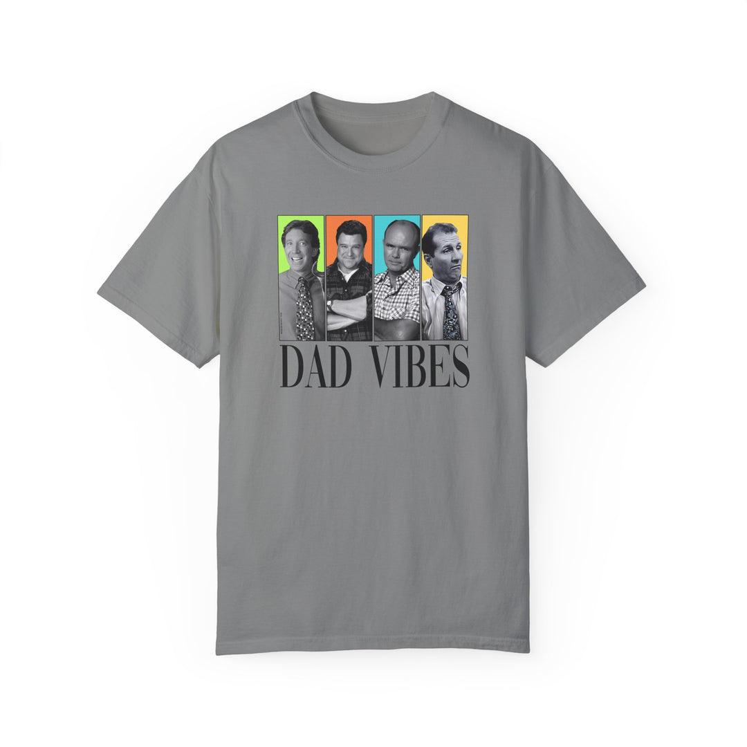 A Dad Vibes Tee featuring a group of men, made of 100% ring-spun cotton with a relaxed fit. Garment-dyed for extra coziness, double-needle stitching ensures durability. From Worlds Worst Tees.
