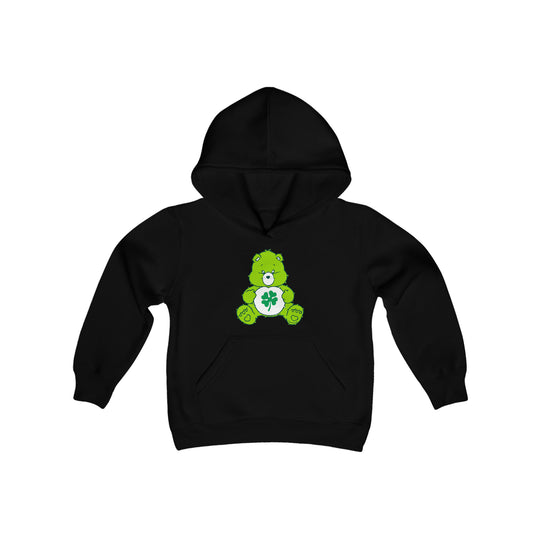 Youth Lucky Bear Hoodie: Black hoodie with green bear design, kangaroo pocket, and twill-taped neck. Soft 50% cotton, 50% polyester blend, regular fit, and medium fabric weight. Sizes: S, M, L, XL.