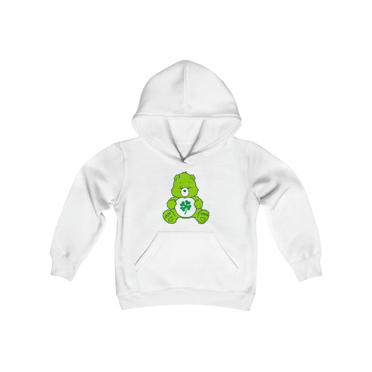 Youth Lucky Bear Hoodie: White hoodie with a green bear design, kangaroo pocket, and twill-taped neck. Soft, preshrunk fleece blend for comfort. Available in sizes S to XL.