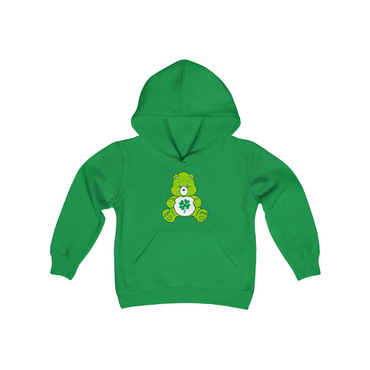 Youth Lucky Bear Hoodie: Green hoodie with cartoon bear, kangaroo pocket, and twill taping. 50% cotton, 50% polyester blend, soft fleece, regular fit. Sizes: S, M, L, XL.
