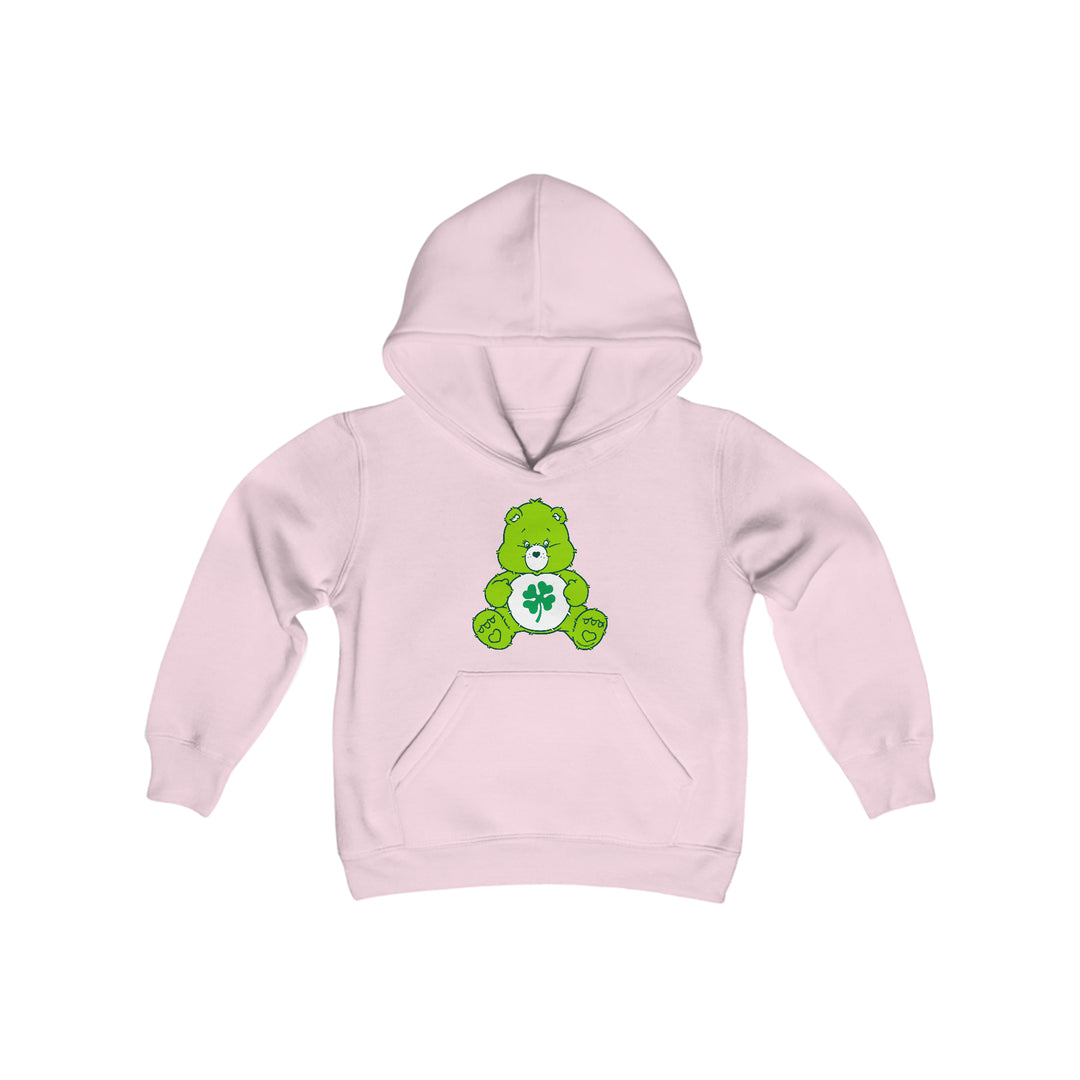 Youth Lucky Bear Hoodie: Pink hoodie with green bear design. Soft, preshrunk fleece, kangaroo pocket, reinforced neck. 50% cotton, 50% polyester blend. Regular fit. Ideal for kids.