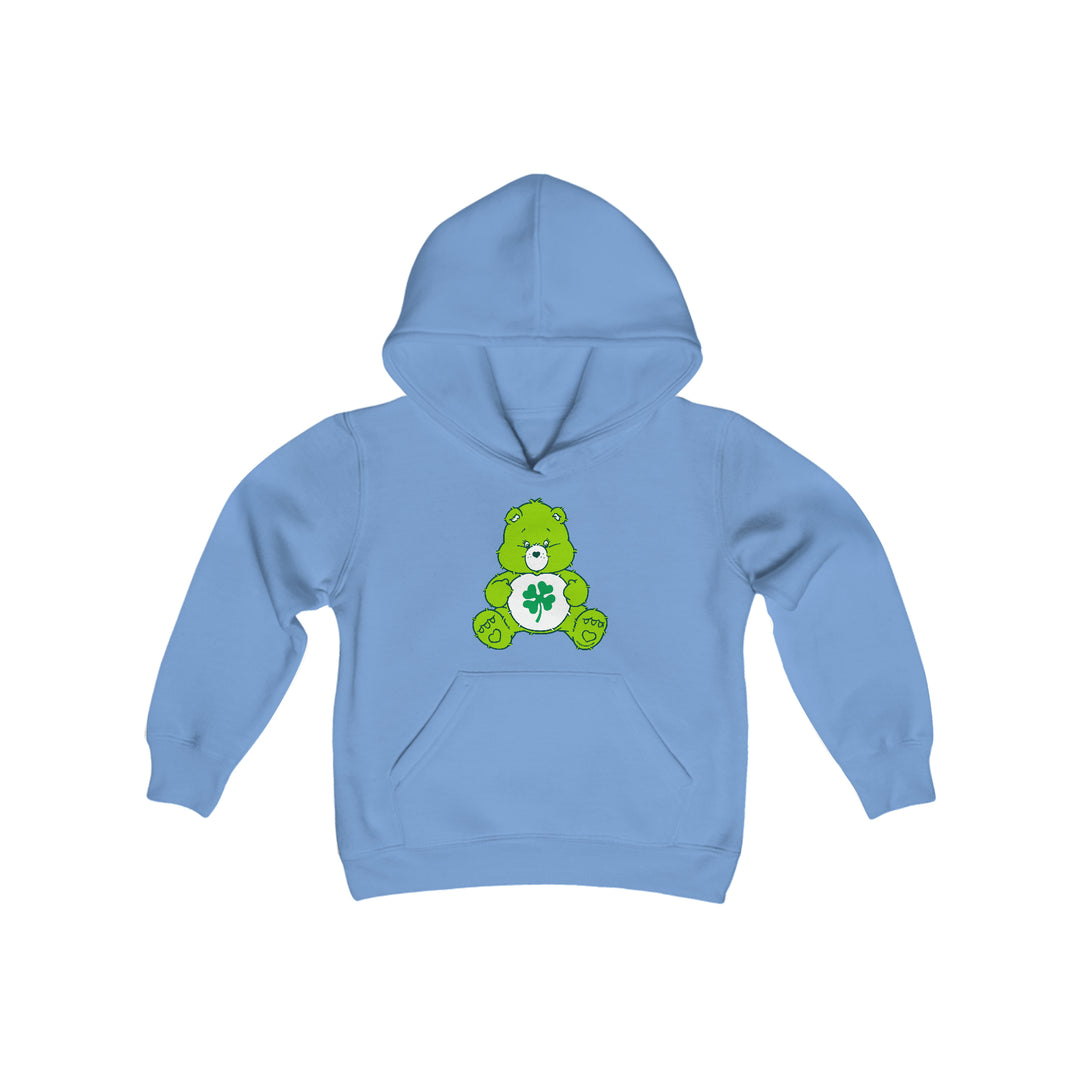Youth blend Lucky Bear hoodie with kangaroo pocket. Ultra-soft 50% cotton 50% polyester fleece. Twill-taped neck, regular fit, and medium fabric. Sizes: S, M, L, XL.