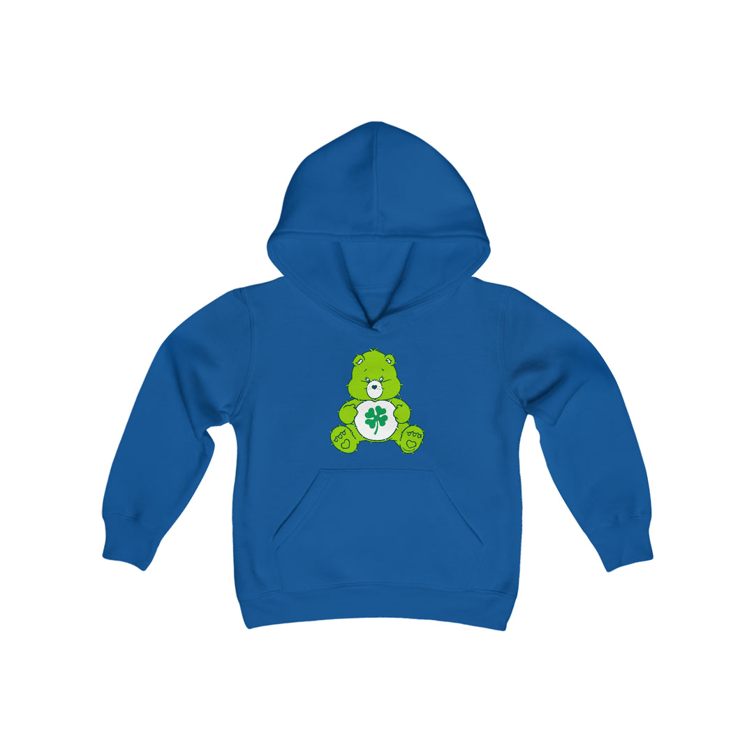Youth Lucky Bear Hoodie: Blue hoodie featuring a green bear and clover design. Soft fleece, kangaroo pocket, reinforced neck. 50% cotton, 50% polyester. Regular fit, true to size.