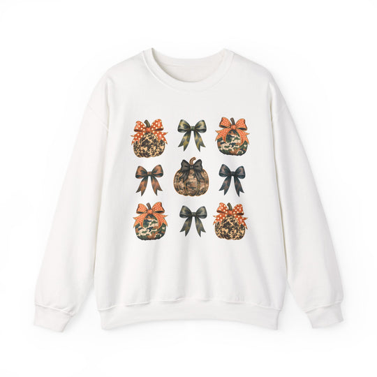 Bows and Pumpkins Crew: White crewneck sweatshirt with a 3x3 grid of patterned pumpkins and decorative bows, offering comfortable, durable wear with a unique, playful design.