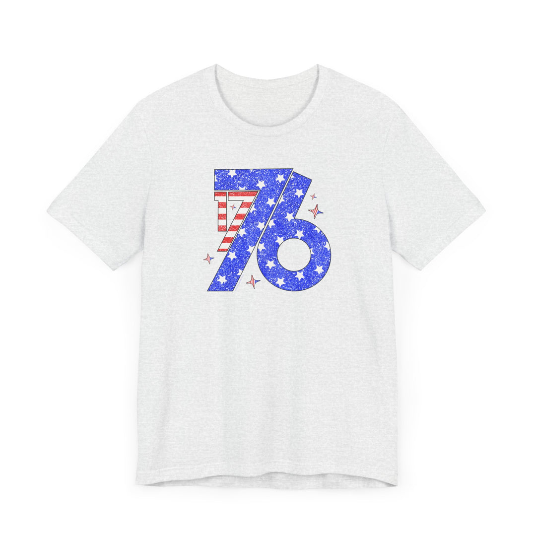 A classic white 1776 Tee with a number and stars design on soft cotton. Unisex jersey short sleeve tee with ribbed knit collars, taping on shoulders, and dual side seams for lasting shape.