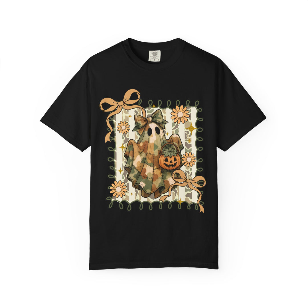 Quilted Ghost Tee: Black short-sleeve shirt with a ghost in patchwork sheet, jack-o’-lantern bucket, framed by vines, bows, and flowers. Size L, Comfort Colors brand.