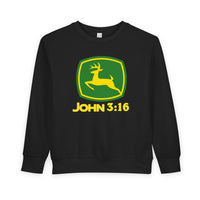 John 3:16 Toddler Crew sweatshirt with a playful John Deere logo spoof, featuring a yellow deer on green/yellow shield, ideal for cozy toddler wear.