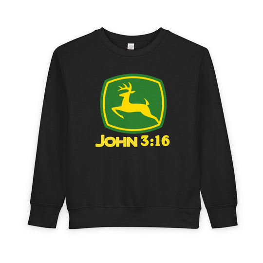 John 3:16 Toddler Crew sweatshirt with a playful John Deere logo spoof, featuring a yellow deer on green/yellow shield, ideal for cozy toddler wear.
