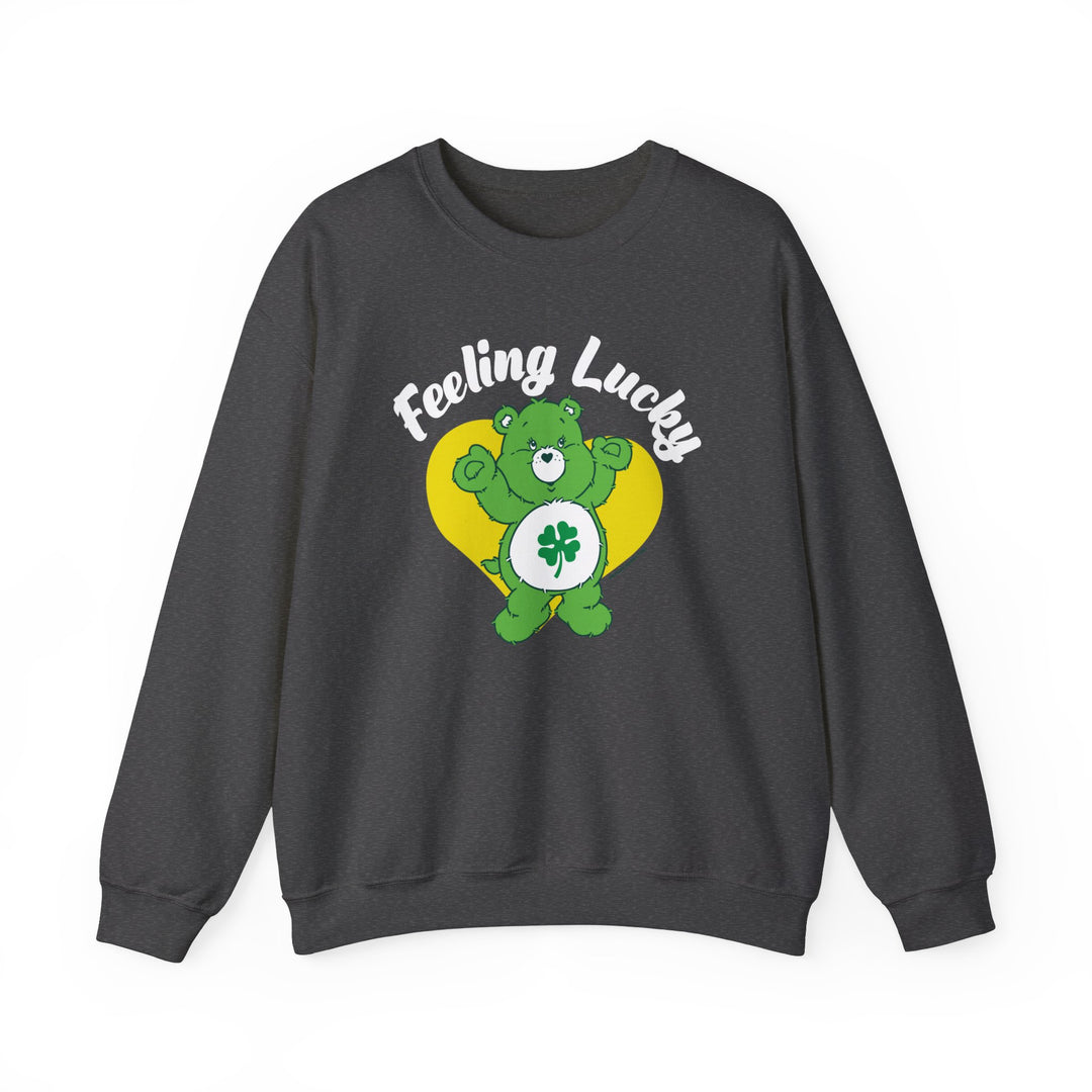 Feeling Lucky Crew unisex sweatshirt featuring a bear design with a clover. Medium-heavy fabric, ribbed knit collar, and no itchy side seams. Ideal for comfort in a loose fit.