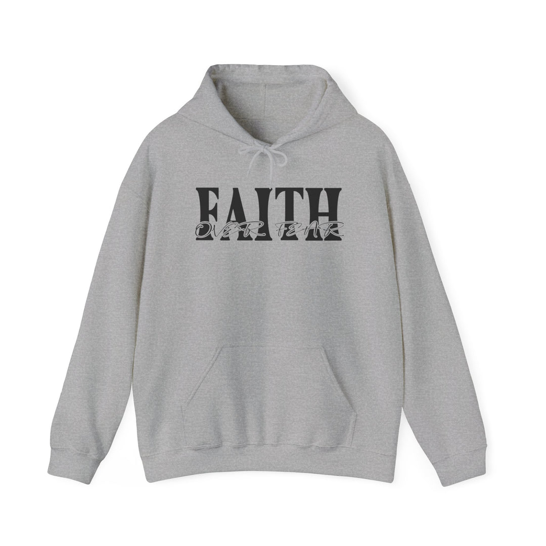 A grey Faith Over Fear hoodie, featuring black text on a cozy blend of cotton and polyester. Unisex, with a kangaroo pocket and matching drawstring hood. Perfect for chilly days.