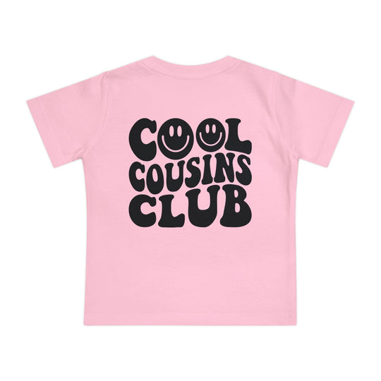 Cool Cousins Club Baby Tee for toddlers, featuring a crew neck design, made from soft, durable airlume combed ringspun cotton, ideal for stylish first steps.