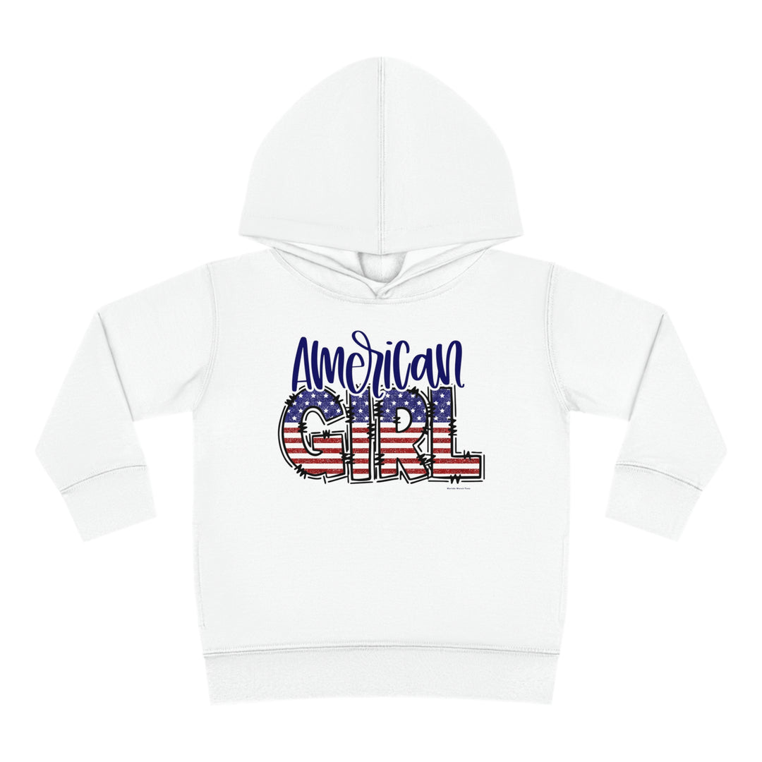 American Girl Toddler Hoodie with red, white, and blue design, featuring side seam pockets and cover-stitched details for durability and comfort. Ideal for cozy playtime.