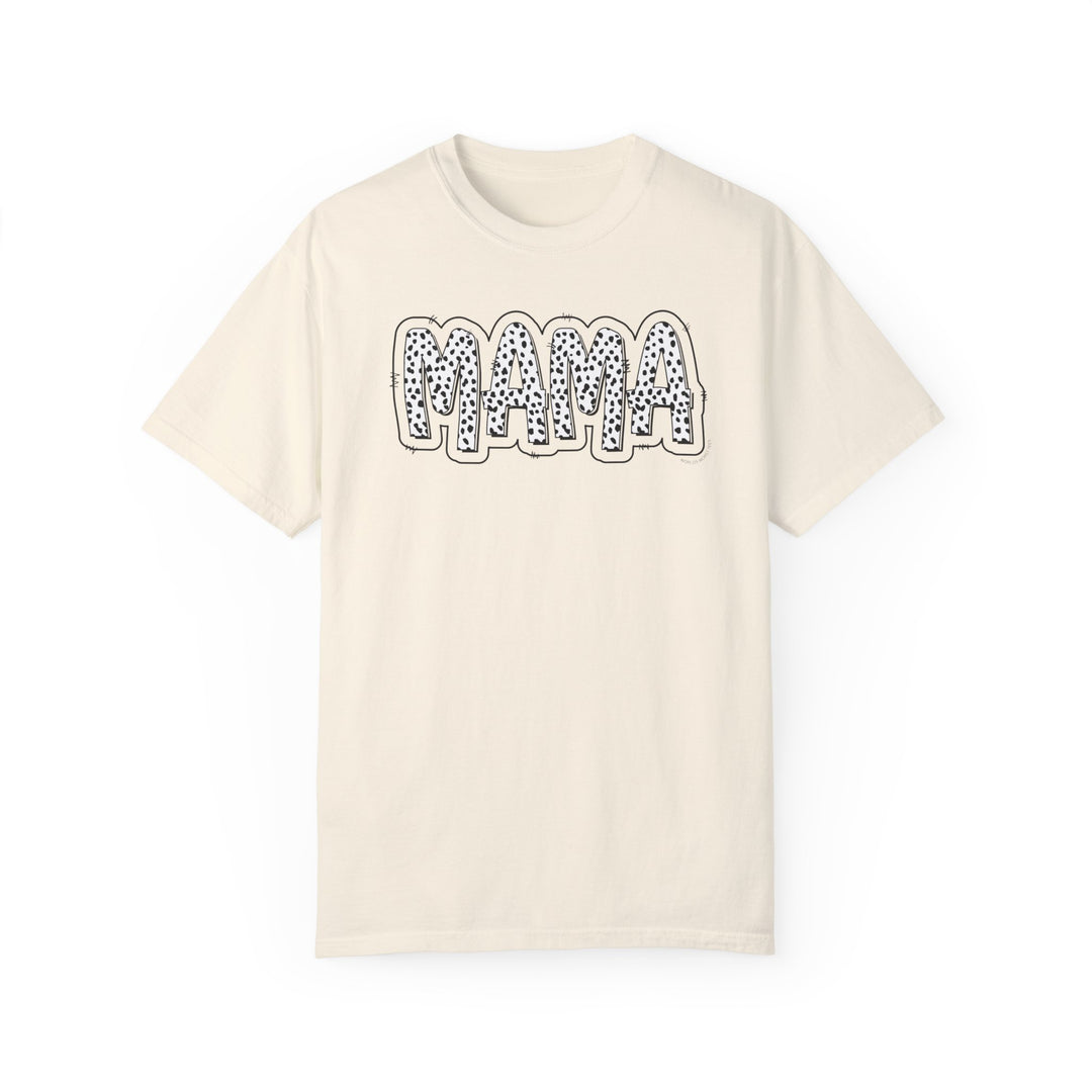 A Mama Print Tee in white with black text, crafted from 100% ring-spun cotton. Garment-dyed for softness, featuring a relaxed fit, double-needle stitching, and seamless design for durability and comfort.