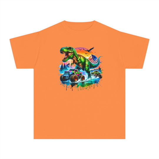 Dino Truck Kids Tee: An orange youth T-shirt showcasing a roaring T-rex with monster trucks, set against a vibrant sky and a dynamic, graffiti-style design.