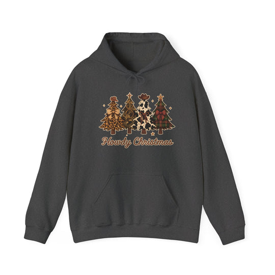 Howdy Christmas Hoodie with four festive Western-style Christmas trees, each with unique patterns and cowboy hats, featuring a cozy drawstring hood and kangaroo pocket.