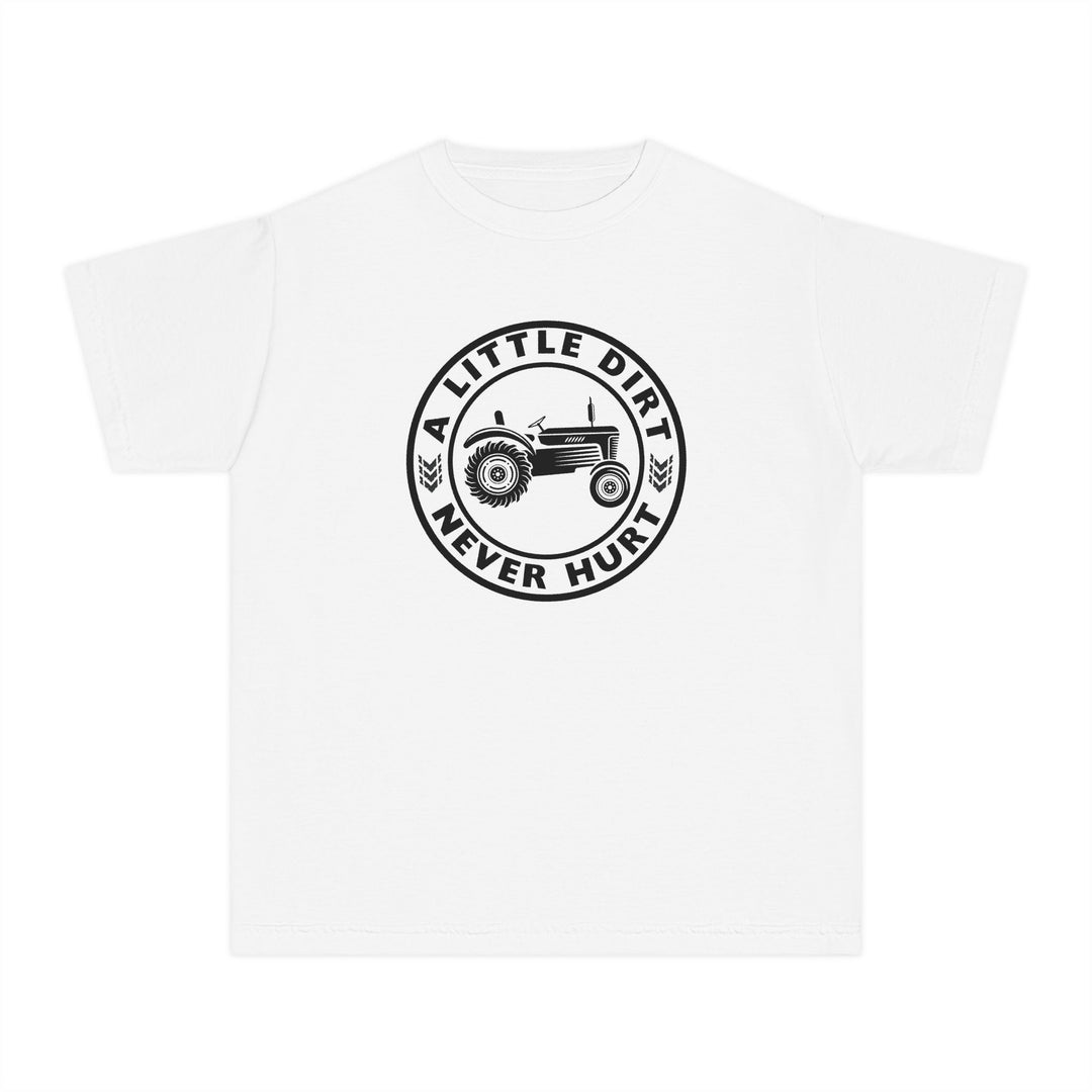 A Little Dirt Never Hurt Kids Tee featuring a vintage tractor badge with text, designed for comfort and activity, made from soft-washed, combed ring-spun cotton.