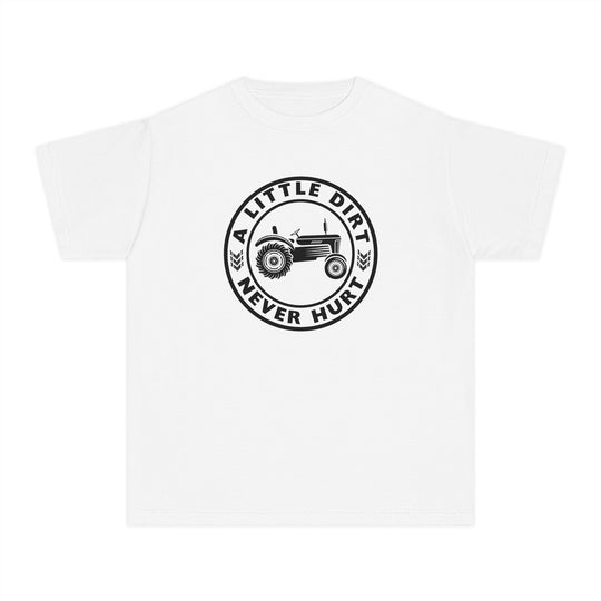 A Little Dirt Never Hurt Kids Tee featuring a vintage tractor badge with text, designed for comfort and activity, made from soft-washed, combed ring-spun cotton.