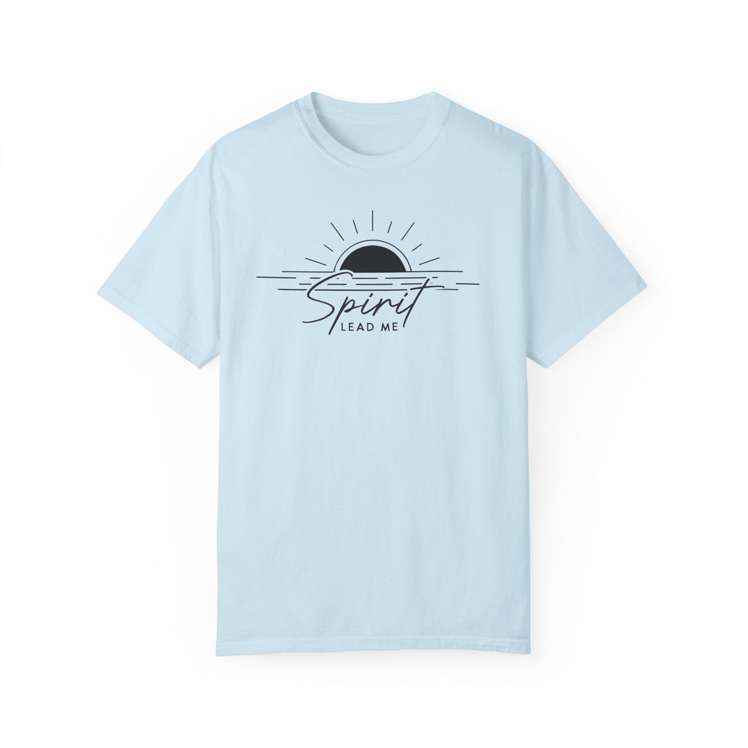 A Spirit Lead Me Tee, light blue with a logo of a sun and water, 100% ring-spun cotton, relaxed fit, durable double-needle stitching, no side-seams for tubular shape.