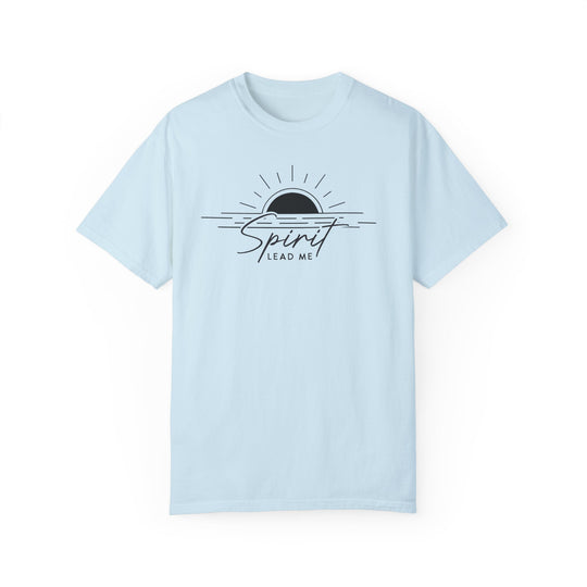 A Spirit Lead Me Tee, light blue with a logo of a sun and water, 100% ring-spun cotton, relaxed fit, durable double-needle stitching, no side-seams for tubular shape.