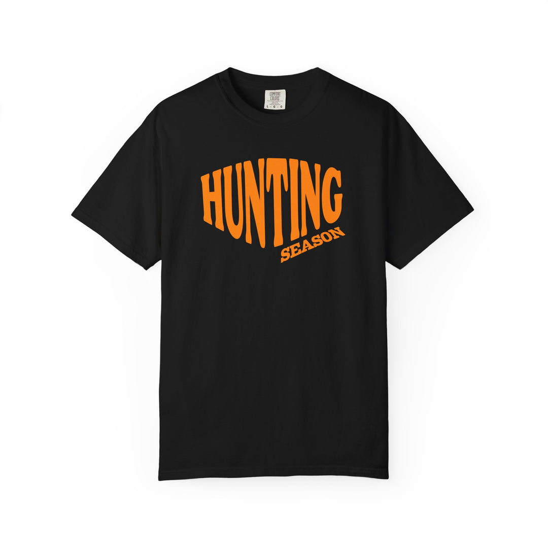 Hunting Season Tee: Black Comfort Colors T-shirt featuring bold orange 'HUNTING' and angled 'SEASON' text, offering a relaxed fit and durable design.