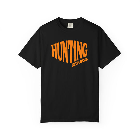 Hunting Season Tee: Black Comfort Colors T-shirt featuring bold orange 'HUNTING' and angled 'SEASON' text, offering a relaxed fit and durable design.